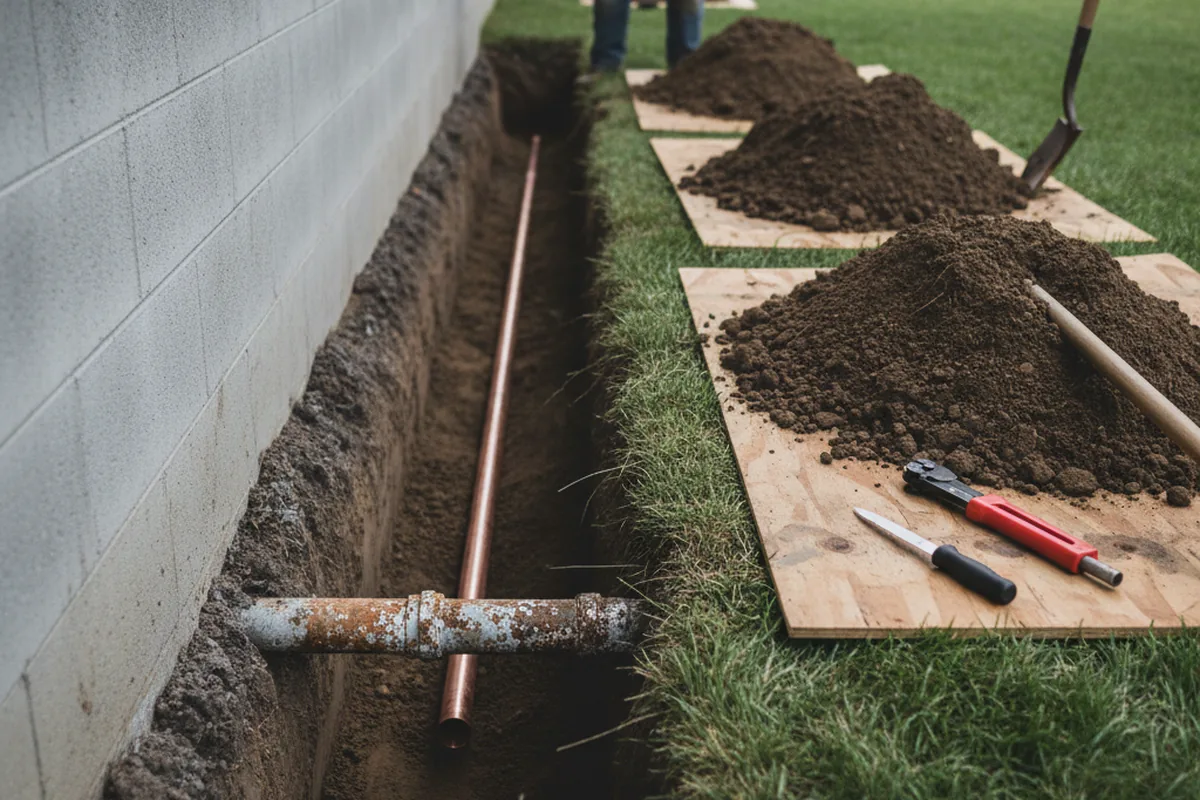 Excavated water line trench during Water Heater Repair in Northfield